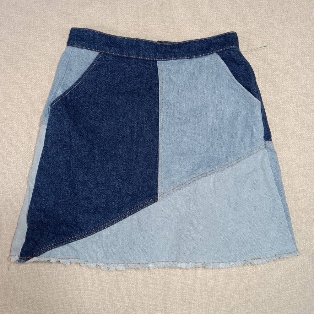 Zara Patchwork Denim Mini Skirt Womens S Two Tone Colorblock Frayed Hem Z1975